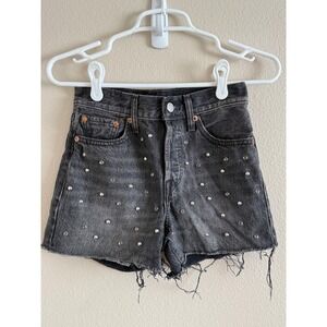 Levis Wedgie Short Black Studded Denim Cut Off High Rise Button Fly Womens 24